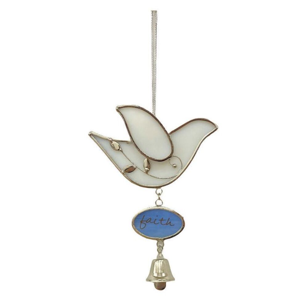Sunflower Garden Stained Glass White Dove Faith Suncatcher with Bell